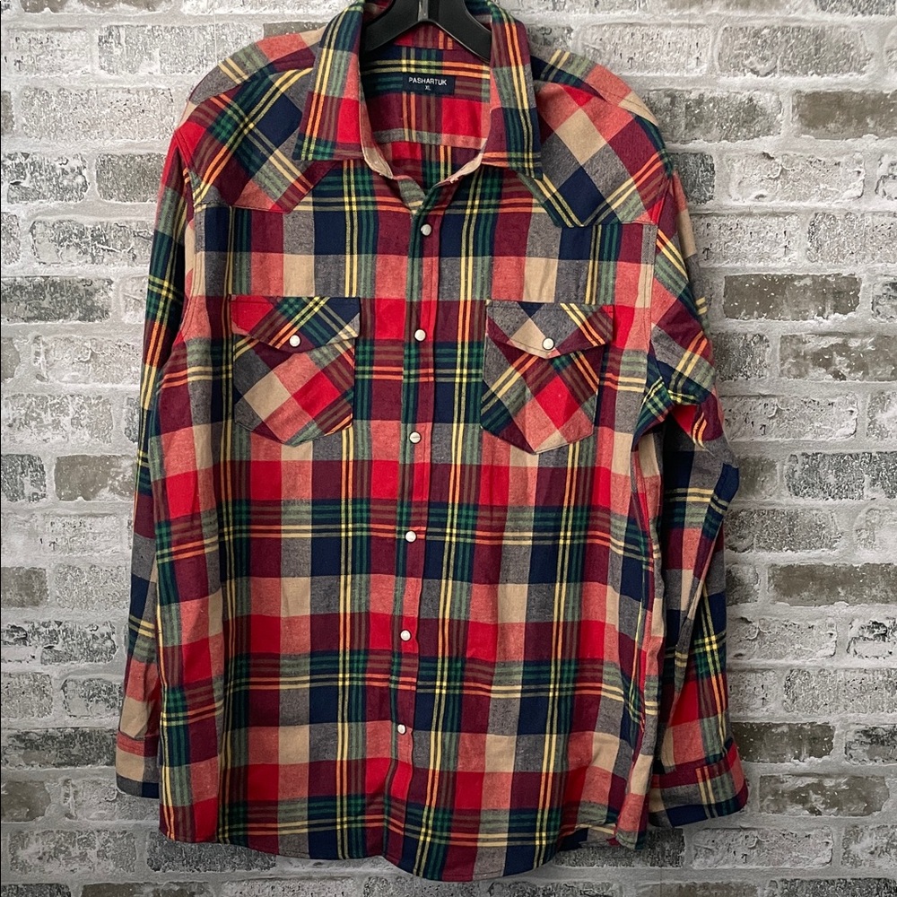 Pashartuk Men’s size XL Plaid Flannel Snap Button Up Shirt Long Sleeve